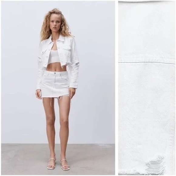 Zara Denim Jacket Womens Cropped White Raw Hem - Picture 2 of 11
